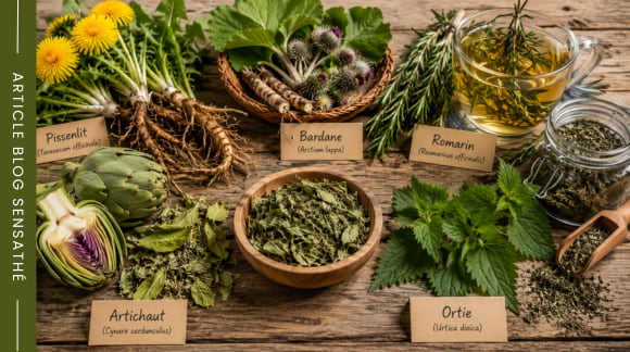 Pissenlit, bardane, romarin, artichaut et ortie utilisés en phytothérapie pour accompagner une cure détox de printemps - Herboristerie Sensathé